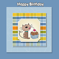 Image showing birthday greeting card with a cat waiting to eat a cake