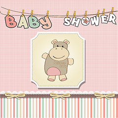 Image showing childish baby girl announcement card with hippo toy