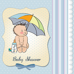 Image showing baby boy shower card with funny baby under his umbrella