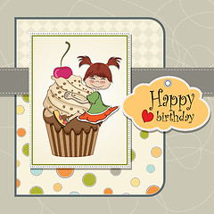 Image showing birthday card with funny girl perched on cupcake