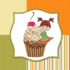 Image showing birthday card with funny girl perched on cupcake