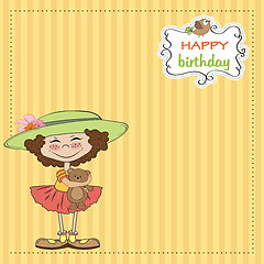 Image showing cute birthday greeting card with girl and her teddy bear