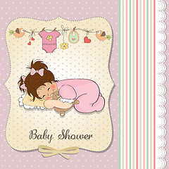 Image showing baby shower card with little baby girl play with her teddy bear 