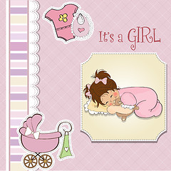 Image showing baby shower card with little baby girl play with her teddy bear 