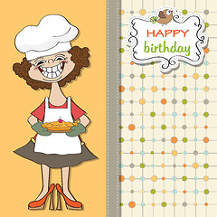 Image showing birthday greeting card with funny woman and pie