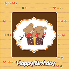 Image showing birthday greeting card with teddy bear and big gift box