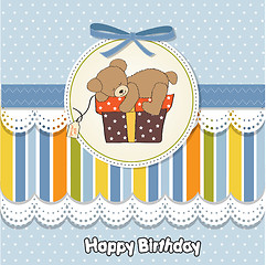 Image showing birthday greeting card with teddy bear and big gift box