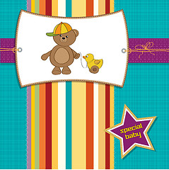 Image showing welcome baby card with boy teddy bear and his duck