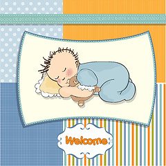 Image showing baby shower card with little baby boy sleep with his teddy bear 