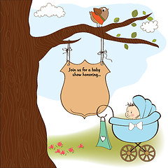 Image showing baby boy announcement card with baby and pram