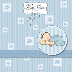 Image showing baby shower card with little baby boy sleep with his teddy bear 