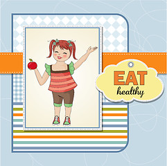 Image showing pretty young girl recommends healthy food