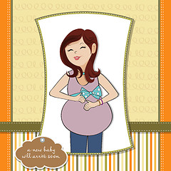 Image showing happy pregnant woman, baby shower card