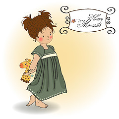 Image showing young girl going to bed with her favorite toy, a giraffe