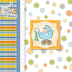 Image showing baby boy announcement card with baby and pram