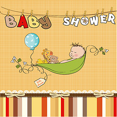 Image showing little boy sleeping in a pea been, baby announcement card