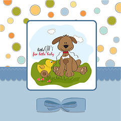 Image showing baby shower card with dog and duck toy