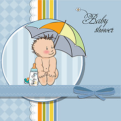 Image showing baby boy shower card with funny baby under his umbrella