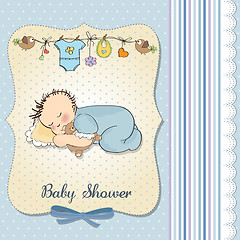 Image showing baby shower card with little baby boy sleep with his teddy bear 