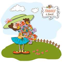Image showing funny girl with a bunch of flowers