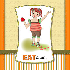 Image showing pretty young girl recommends healthy food