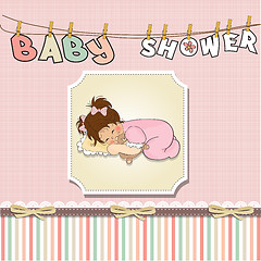 Image showing baby shower card with little baby girl play with her teddy bear 