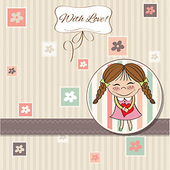Image showing Funny girl with hearts. Doodle cartoon character.