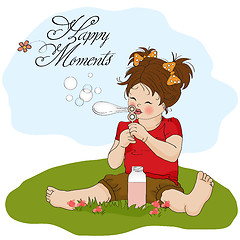 Image showing funny lovely little girl blowing soap bubbles