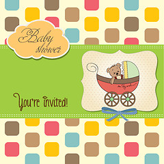 Image showing funny teddy bear in stroller, baby announcement card