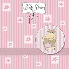 Image showing childish baby girl announcement card with hippo toy