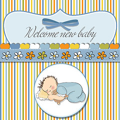 Image showing baby shower card with little baby boy sleep with his teddy bear 