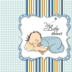 Image showing baby shower card with little baby boy sleep with his teddy bear 