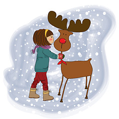 Image showing Christmas card with cute little girl caress a reindeer