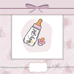 Image showing new baby girl announcement card with milk bottle and pacifier