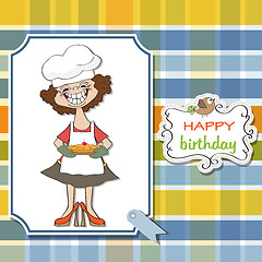 Image showing birthday greeting card with funny woman and pie