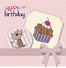 Image showing birthday greeting card with a cat waiting to eat a cake