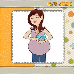 Image showing happy pregnant woman, baby shower card