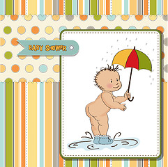 Image showing baby boy shower card with funny baby under his umbrella