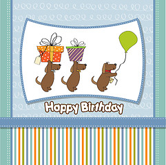 Image showing three dogs that offer a big gift. birthday greeting card