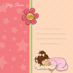 Image showing baby shower card with little baby girl play with her teddy bear 