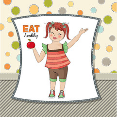 Image showing pretty young girl recommends healthy food