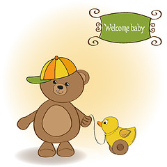 Image showing welcome baby card with boy teddy bear and his duck
