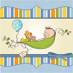 Image showing little boy sleeping in a pea been, baby announcement card