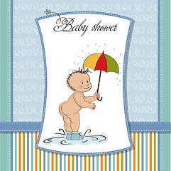 Image showing baby boy shower card with funny baby under his umbrella