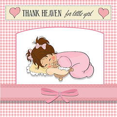 Image showing baby shower card with little baby girl play with her teddy bear 