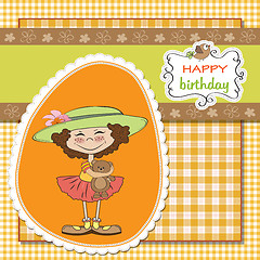 Image showing cute birthday greeting card with girl and her teddy bear