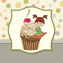 Image showing birthday card with funny girl perched on cupcake