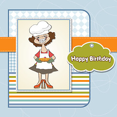 Image showing birthday greeting card with funny woman and pie