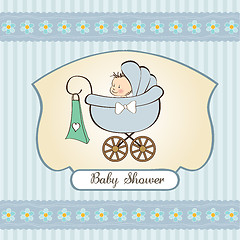 Image showing baby boy announcement card with baby and pram