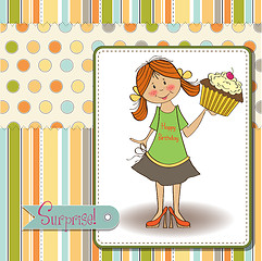 Image showing birthday greeting card with girl and big cupcake
